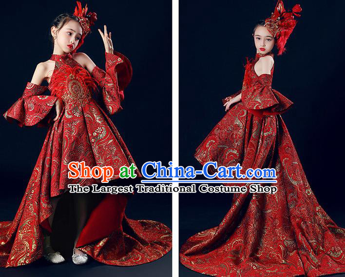 Custom Catwalks Princess Full Dress Children Dancewear Girl Compere Fashion Clothing Stage Show Red Trailing Dress