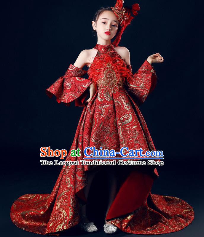 Custom Catwalks Princess Full Dress Children Dancewear Girl Compere Fashion Clothing Stage Show Red Trailing Dress