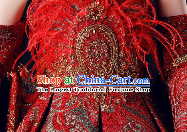 Custom Catwalks Princess Full Dress Children Dancewear Girl Compere Fashion Clothing Stage Show Red Trailing Dress