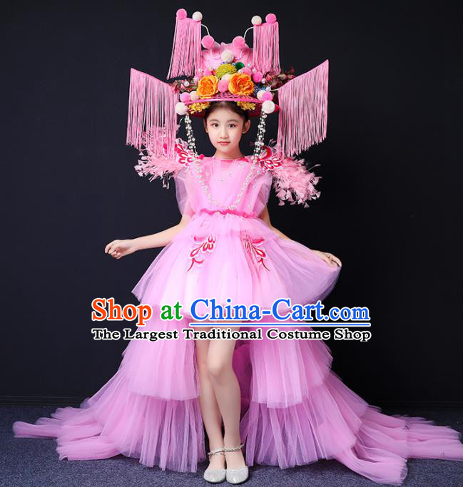 Custom Children Birthday Garment Compere Fashion Clothing Girl Stage Show Pink Veil Trailing Dress Catwalks Full Dress