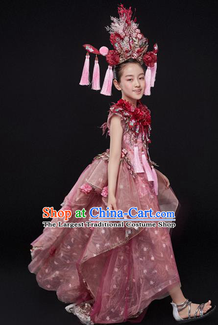 Custom Compere Fashion Clothing Girl Stage Show Pink Dress Catwalks Princess Full Dress Children Birthday Flowers Garment