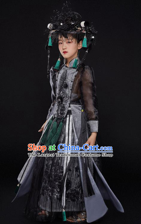 China Children Performance Clothing Classical Dance Black Dress Uniforms Compere Garment Costumes Girl Catwalks Fashion