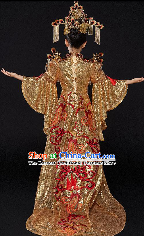 China Girl Catwalks Fashion Children Performance Clothing Classical Dance Golden Trailing Dress Uniforms Compere Garment Costumes