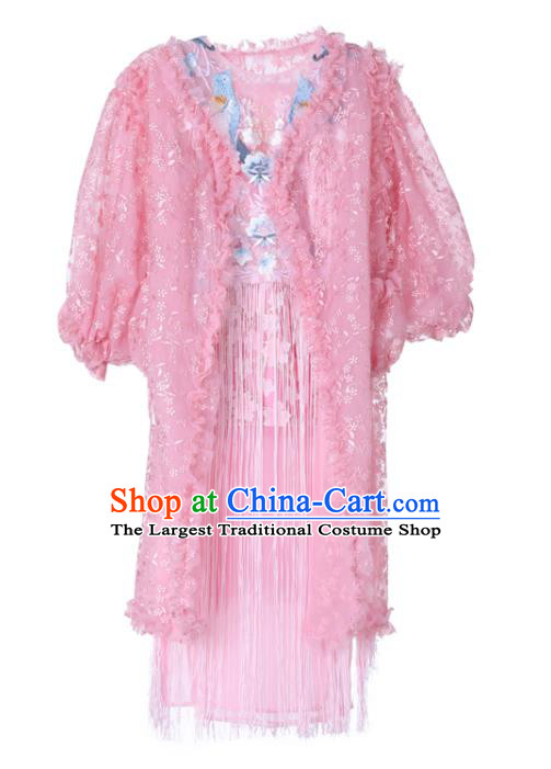 China Compere Garment Costumes Girl Catwalks Fashion Children Performance Clothing Classical Dance Pink Dress and Headdress