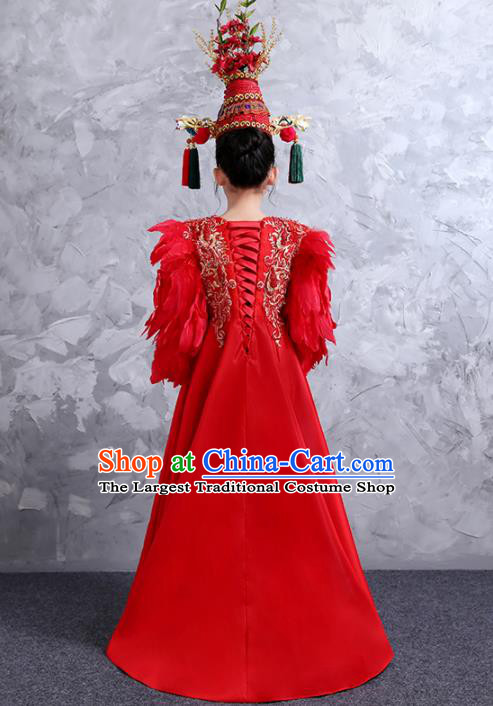 China Classical Dance Red Feather Dress Compere Garment Costumes Girl Catwalks Fashion Children Performance Clothing and Headdress