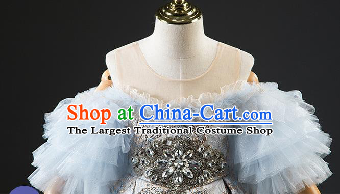 Custom Children Birthday Garment Girl Compere Fashion Clothing Stage Show Blue Trailing Dress Catwalks Full Dress