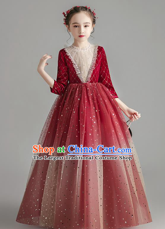 Custom Stage Show Wine Red Velvet Dress Catwalks Full Dress Children Birthday Garment Girl Compere Fashion Clothing