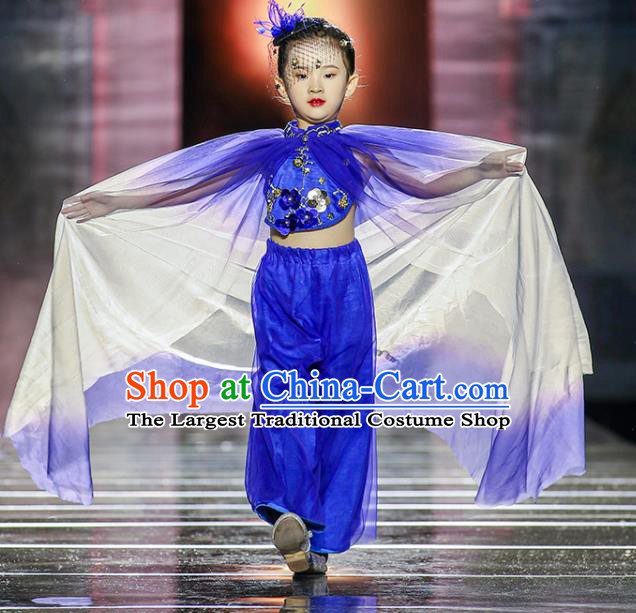 China Children Stage Show Clothing Folk Dance Blue Outfits Girl Performance Garments Catwalks Fashion Costume