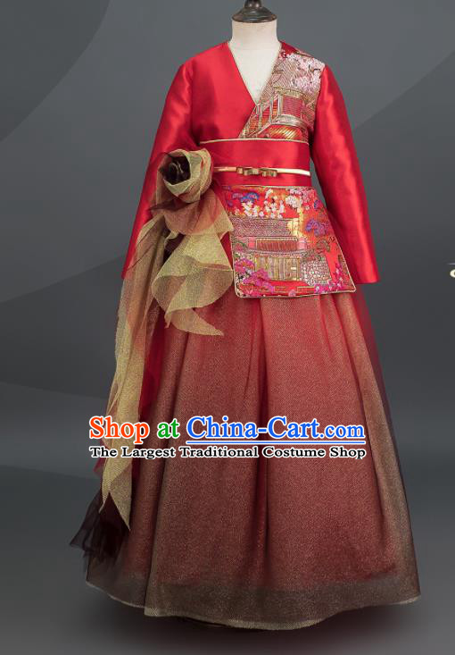Custom Girl Catwalks Full Dress Children Piano Performance Fashion Baroque Princess Clothing Stage Show Red Dress
