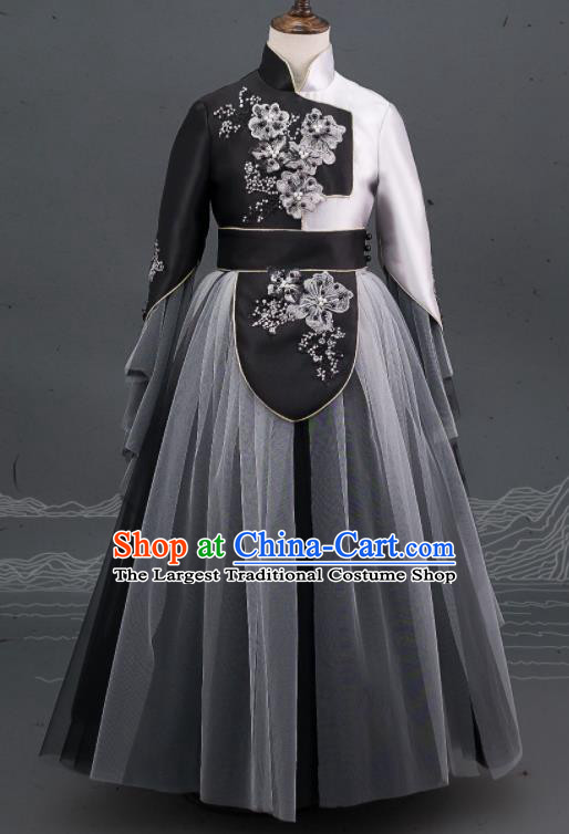 Custom Compere Show Grey Dress Girl Stage Performance Embroidered Fashion Children Full Dress Kid Chorus Clothing