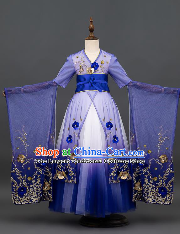 Custom Kid Performance Clothing Compere Show Royalblue Dress Girl Chorus Embroidered Fashion Children Full Dress