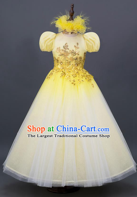 Custom Princess Full Dress Kid Performance Clothing Children Compere Show Yellow Veil Dress Girl Chorus Fashion
