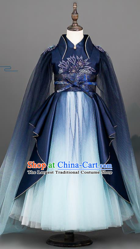 Custom Girl Piano Competition Fashion Princess Navy Full Dress Kid Performance Clothing Children Compere Dress