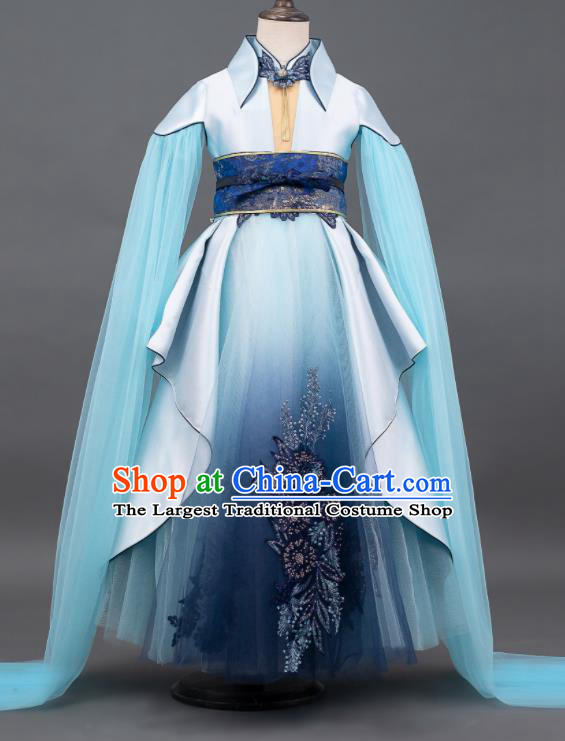 Custom Children Compere Blue Dress Girl Piano Competition Fashion Princess Full Dress Kid Performance Clothing