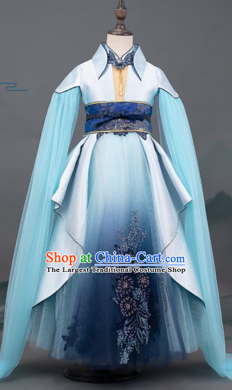 Custom Children Compere Blue Dress Girl Piano Competition Fashion Princess Full Dress Kid Performance Clothing