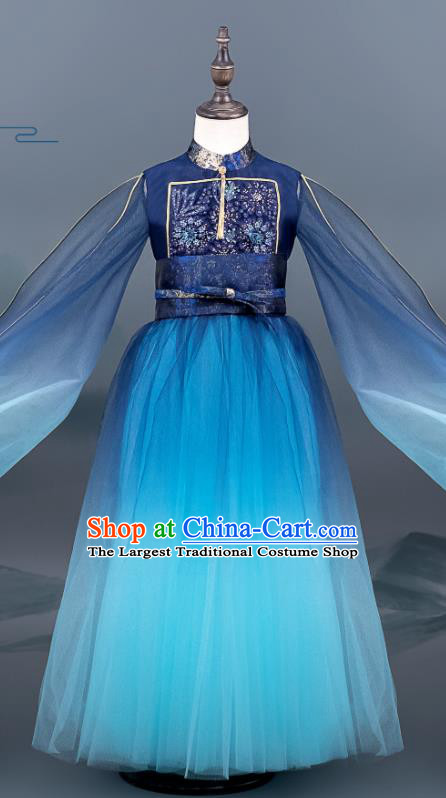 Custom Kid Performance Clothing Children Compere Deep Blue Dress Girl Piano Competition Fashion Princess Full Dress
