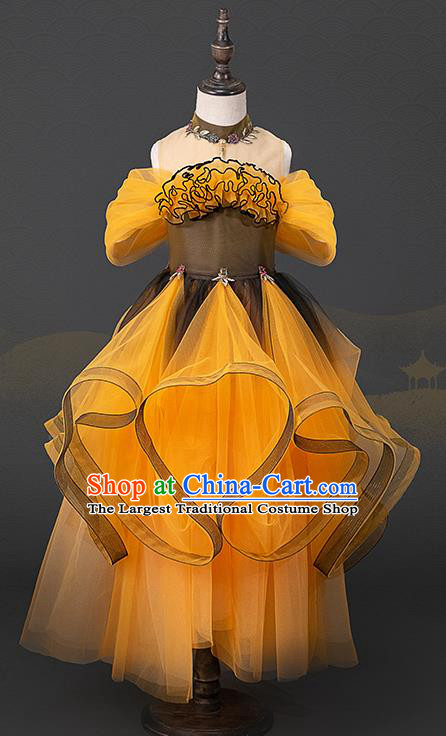 Custom Princess Yellow Full Dress Kid Performance Clothing Children Compere Bubble Dress Girl Piano Recital Fashion