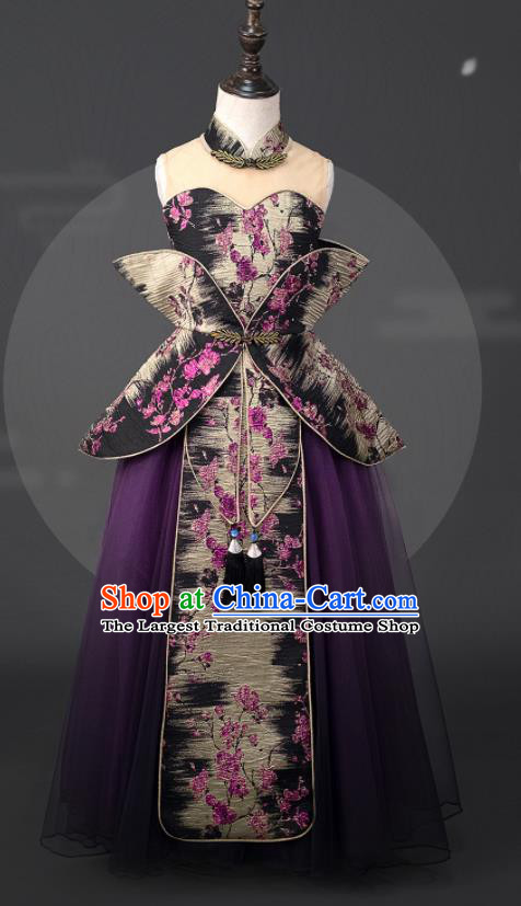 Custom Kid Performance Clothing Children Compere Bubble Dress Girl Piano Recital Fashion Princess Purple Veil Full Dress