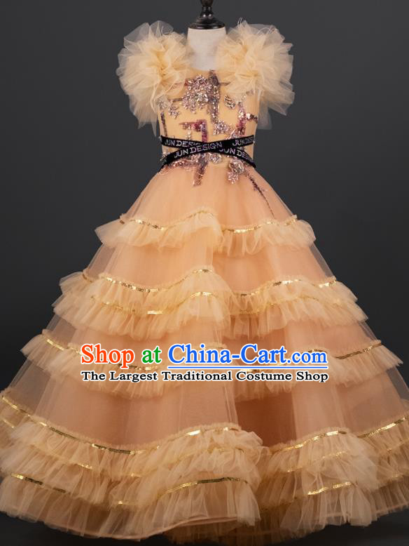 Custom Kid Compere Formal Clothing Children Piano Recital Ginger Veil Dress Girl Birthday Fashion Princess Full Dress