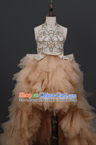 Custom Girl Champagne Full Dress Flowers Fairy Clothing Kid Stage Performance Trailing Veil Dress Children Catwalks Garment