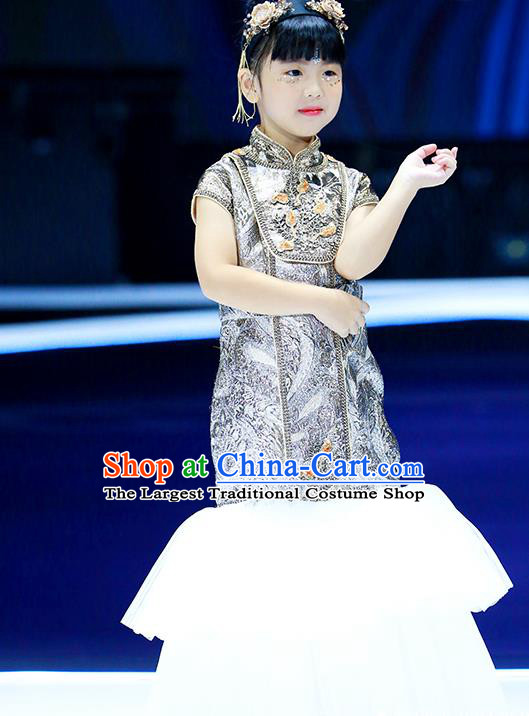 China Children Chorus Clothing Tang Suits Golden Dress Girl Stage Show Apparels Catwalks Fashion Costume
