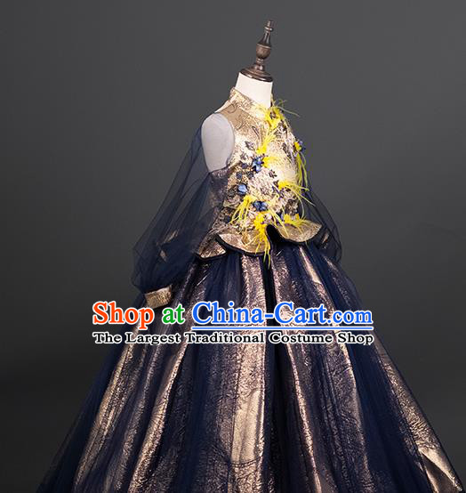 Custom Princess Navy Veil Full Dress Kid Formal Clothing Children Piano Recital Dress Girl Birthday Fashion
