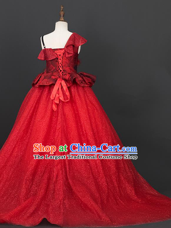 Custom Girl Birthday Fashion Princess Red Veil Full Dress Kid Formal Clothing Children Piano Recital Trailing Dress