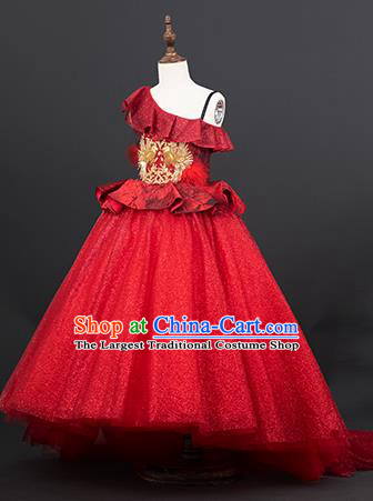 Custom Girl Birthday Fashion Princess Red Veil Full Dress Kid Formal Clothing Children Piano Recital Trailing Dress