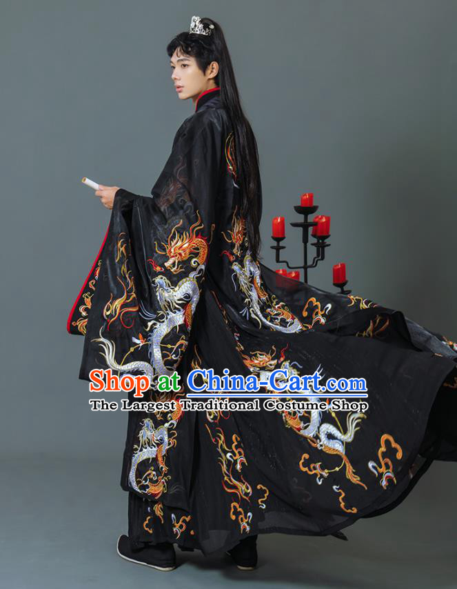 China Ancient Swordsman Black Hanfu Clothing Traditional Jin Dynasty Childe Historical Garment Costumes and Headpieces