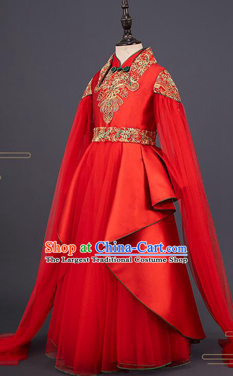 China Children Tang Suits Catwalks Red Dress Stage Performance Clothing Girl Classical Dance Garment Costume