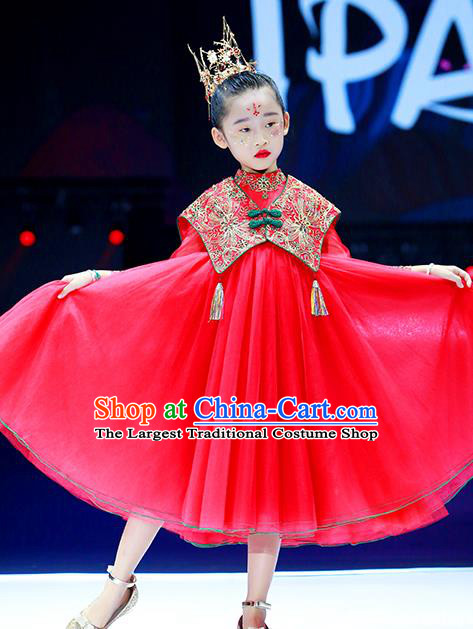 China Girl Classical Dance Garment Costume Children Tang Suits Catwalks Red Dress Stage Performance Clothing