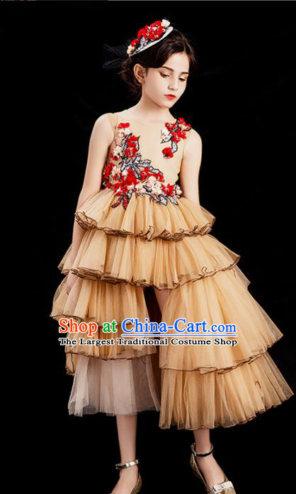 Professional Girl Princess Garment Children Catwalks Fashion Costume Stage Show Yellow Veil Full Dress Modern Dance Clothing