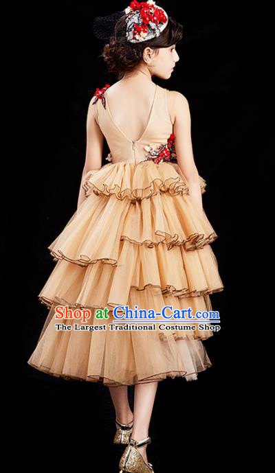 Professional Girl Princess Garment Children Catwalks Fashion Costume Stage Show Yellow Veil Full Dress Modern Dance Clothing