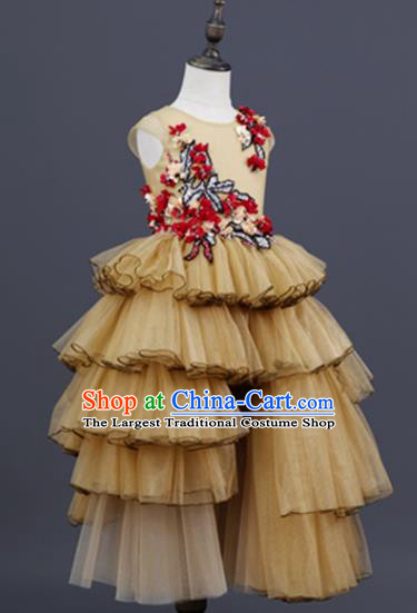 Professional Girl Princess Garment Children Catwalks Fashion Costume Stage Show Yellow Veil Full Dress Modern Dance Clothing