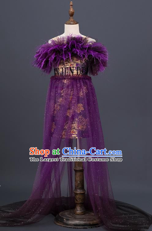 Professional Children Catwalks Fashion Costume Stage Show Purple Dress Girl Modern Dance Clothing Little Model Garment