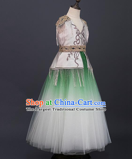 China Girl Classical Dance Garment Costume Children Tang Suit Uniforms Catwalks Green Veil Dress Stage Performance Clothing