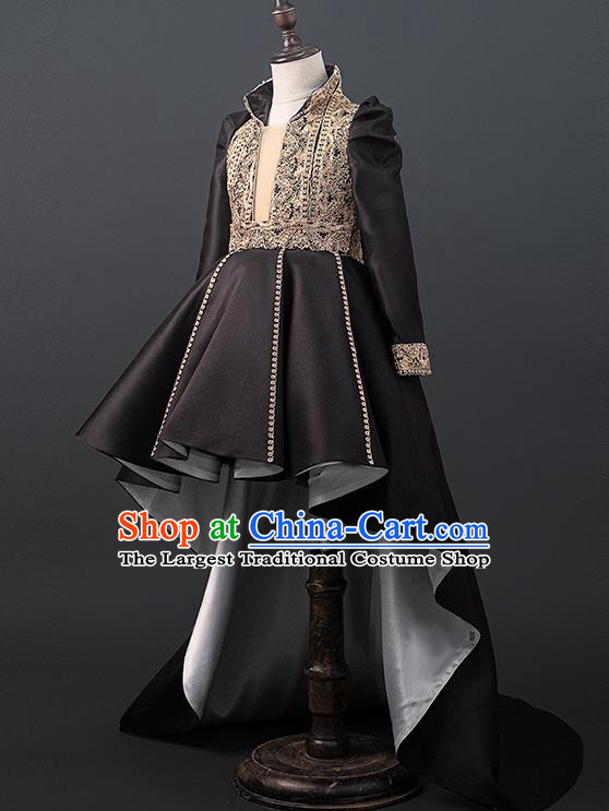 Professional Girl Dance Clothing Baroque Princess Garment Children Catwalks Fashion Costume Stage Show Black Trailing Full Dress