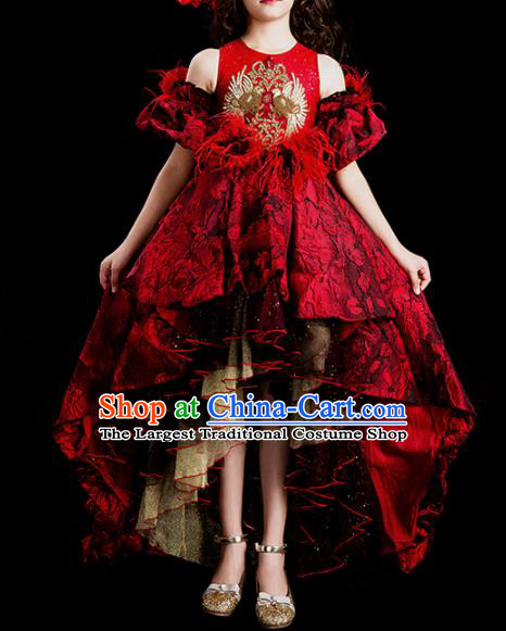 Professional Girl Dance Fashion Costume Stage Show Clothing Baroque Princess Garment Children Catwalks Red Lace Trailing Full Dress