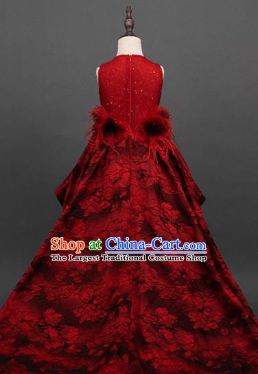 Professional Girl Dance Fashion Costume Stage Show Clothing Baroque Princess Garment Children Catwalks Red Lace Trailing Full Dress