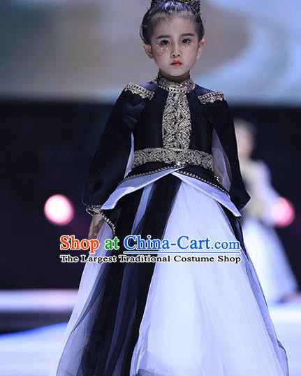 Professional Girl Stage Show Clothing Princess Fashion Children Catwalks Black Full Dress Piano Recital Garment Costume