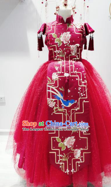 China Classical Dance Garment Costume Children Catwalks Fashion Girl Red Veil Full Dress Stage Performance Clothing