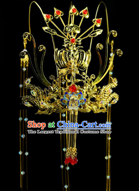 Chinese Traditional Ming Dynasty Empress Hair Accessories Ancient Court Woman Golden Phoenix Hair Crown and Hairpins