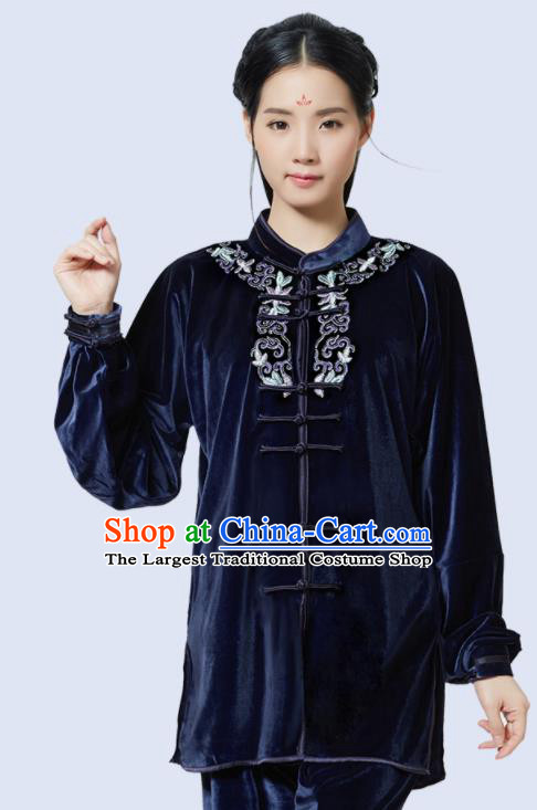 Chinese Martial Arts Garment Costumes Tai Chi Training Navy Pleuche Uniforms Kung Fu Competition Clothing for Women for Men