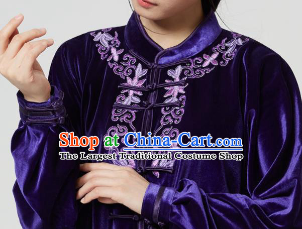 China Kung Fu Embroidered Purple Pleuche Uniforms Martial Arts Competition Outfits Wushu Garment Costumes Tai Chi Sword Clothing