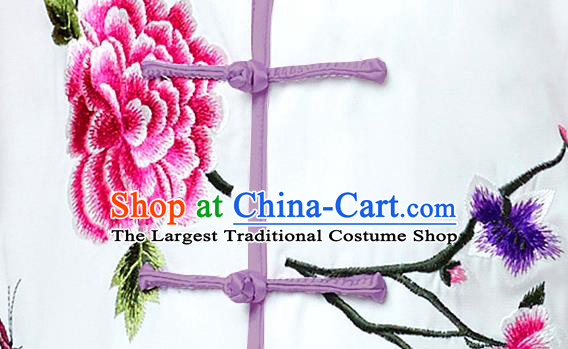 China Martial Arts Embroidered Peony White Outfits Wushu Performance Costumes Tai Chi Training Uniforms Kung Fu Clothing