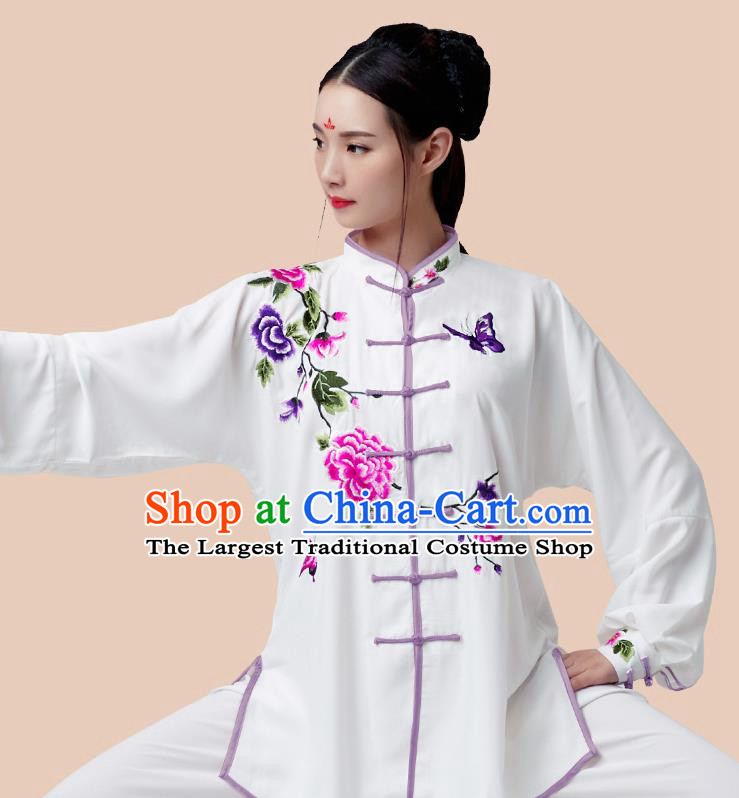 China Martial Arts Embroidered Peony White Outfits Wushu Performance Costumes Tai Chi Training Uniforms Kung Fu Clothing