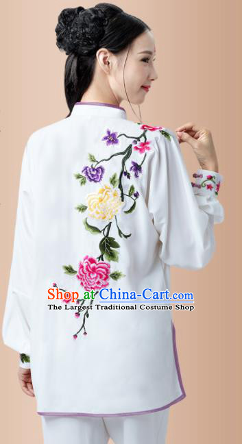 China Martial Arts Embroidered Peony White Outfits Wushu Performance Costumes Tai Chi Training Uniforms Kung Fu Clothing