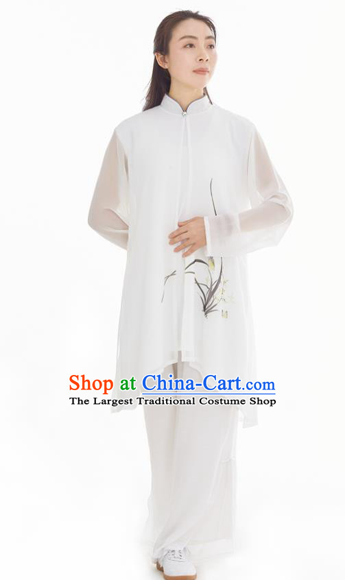 Professional Chinese Zen Clothing Kung Fu Training Ink Painting Orchids Uniforms Tai Chi Competition White Suits