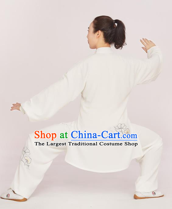Professional Chinese Martial Arts Kung Fu Training Clothing Wushu Performance Embroidered Lotus Uniforms Tai Chi Competition White Suits