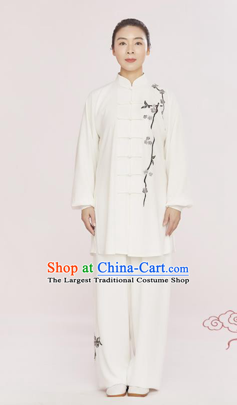 Professional Chinese Tai Chi Competition White Suits Martial Arts Kung Fu Training Clothing Wushu Performance Embroidered Plum Blossom Uniforms
